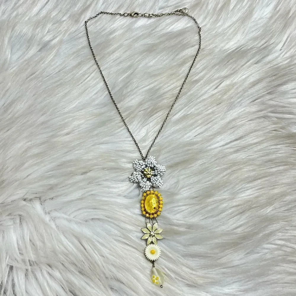Bohm Vintage Floral Beaded Tiered Necklace Yellow White and Silver